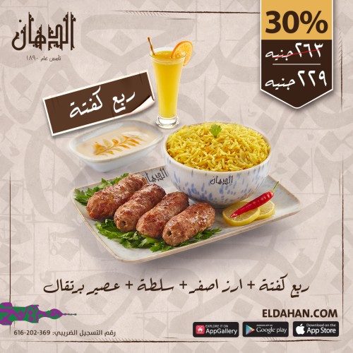 QUARTER GRILLED KOFTA + YELLOW BASMATI RICE+ SALAD+ ORANGE JUICE
